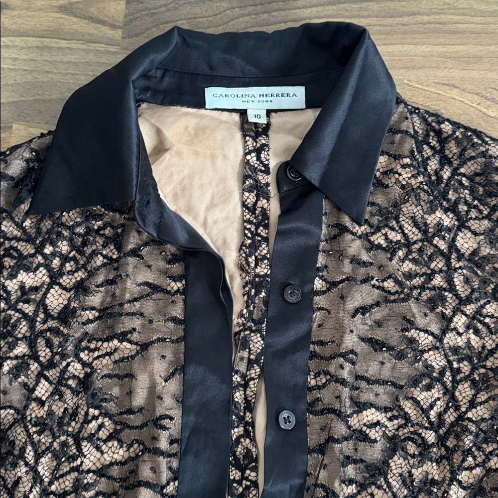 Carolina Herrera Black and Tan crystal Lace Blouse